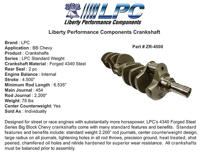 LPC Forged 4340 Steel Crankshaft Big Block Chevy (w/ Center Counterweight) 4.500" Stroke, 454 Main, Internal Balance, 2 pc Seal Sold Individually