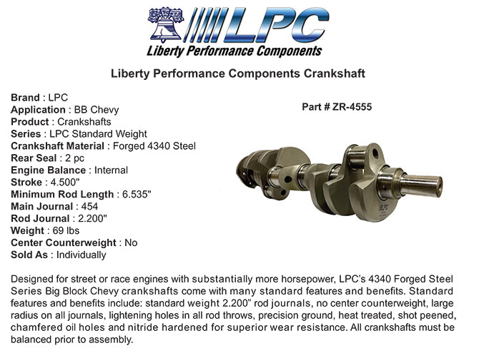 LPC Forged 4340 Steel Crankshaft Big Block Chevy 4.500" Stroke, 454 Main, Internal Balance, 2 pc Seal Sold Individually