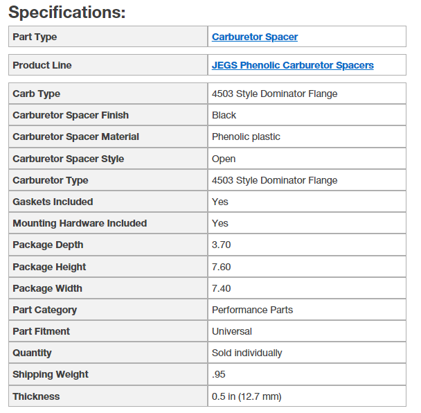 Jegs Carburetor Spacer Phenolic 4500 Open