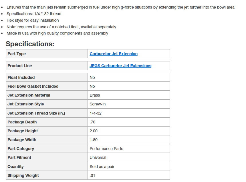 Jegs Gas Jet Extension Kit 15024