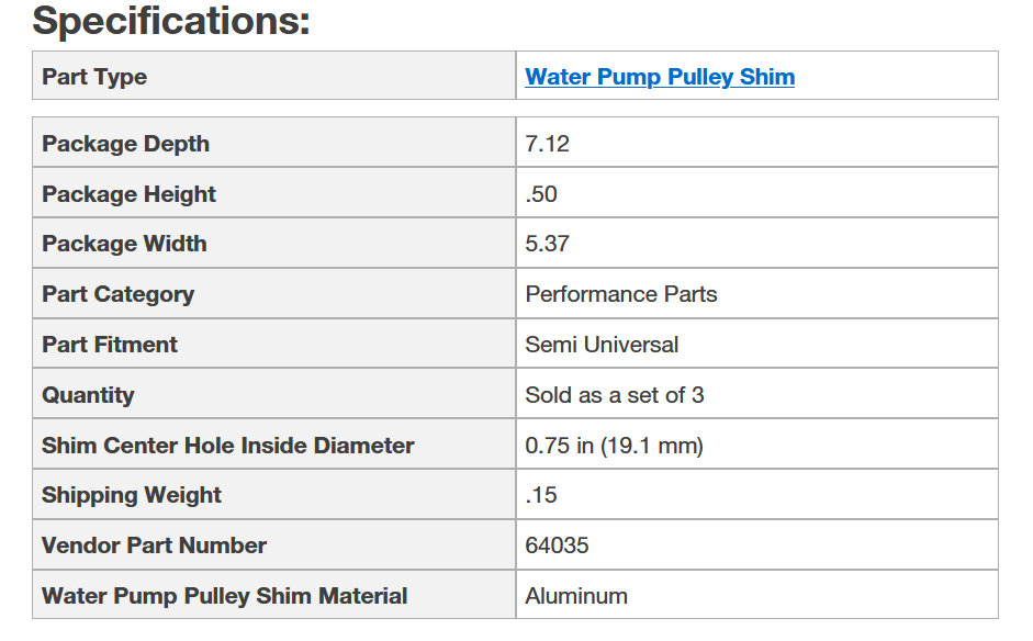 Water Pump Pulley Shim Kit Fits GM or Ford 5/8" and 3/4" Shaft