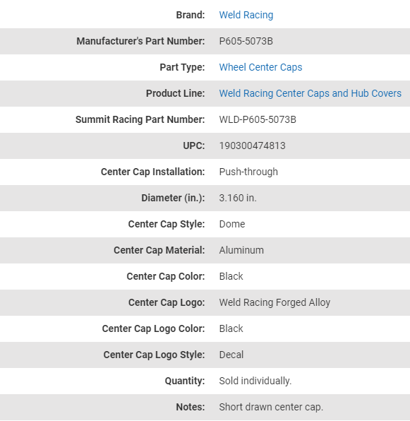 Weld Racing Center Caps and Hub Covers P605-5073B
