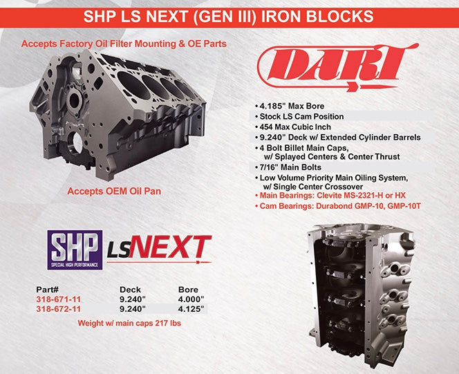 Dart - SHP LS NEXT - Cast Iron Engine Block Chevy LS Gen III Steel Caps, 9.240" Deck, 4.125" Bore, STD Main Sold Individually