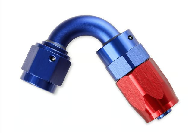 MR. GASKET -10 AN 120 DEGREE SWIVEL HOSE END - RED & BLUE